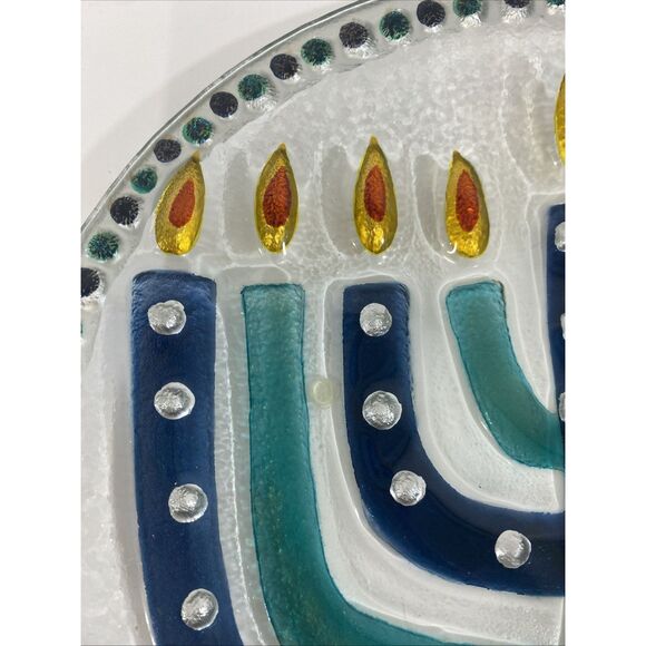 Lori Siebert For Silvestri Fused Glass Menorah Hanukkah Plate New In Box - Picture 3 of 11